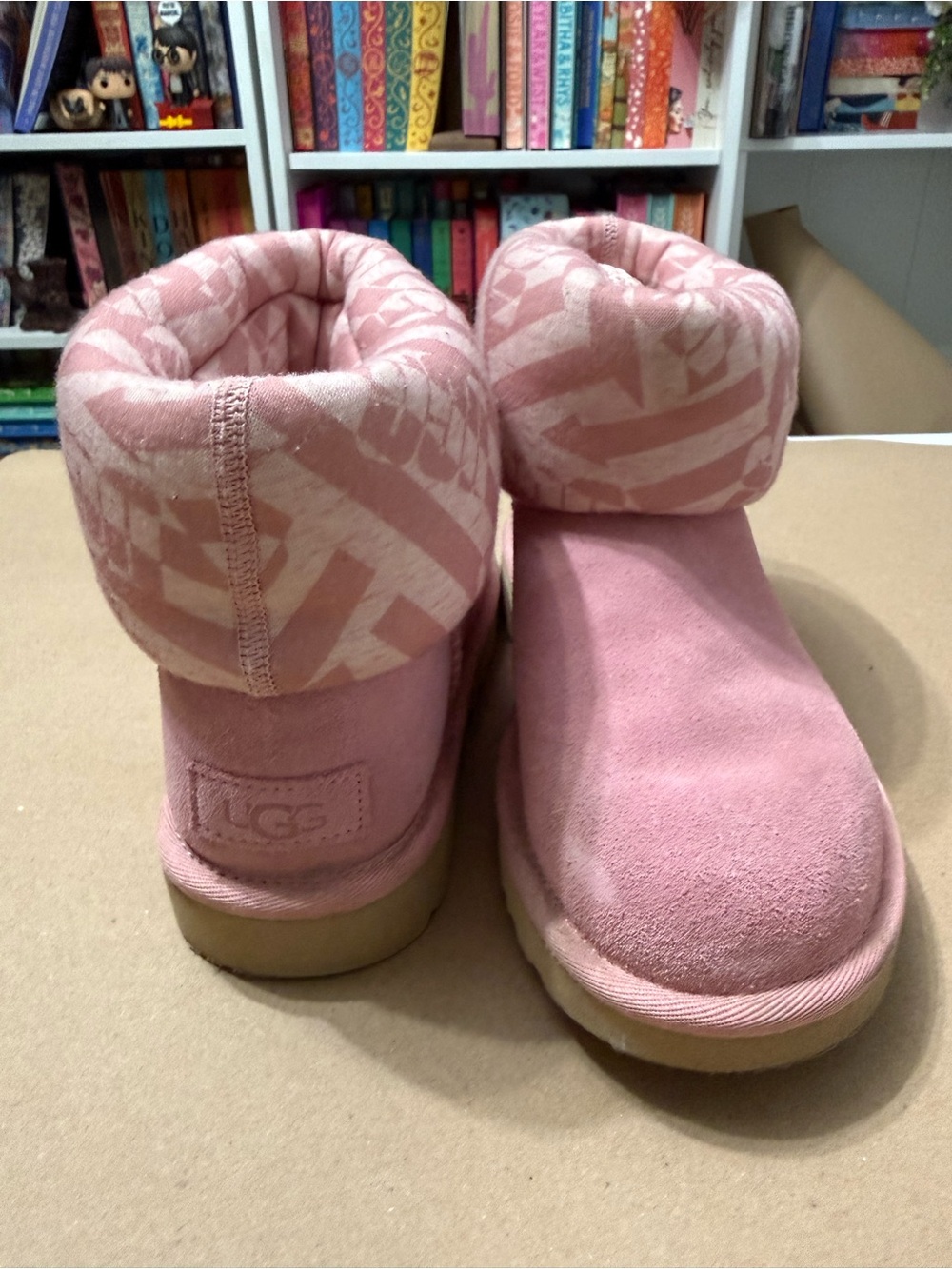 UGG Pink Suede Ankle Boots with Patterned Cuff